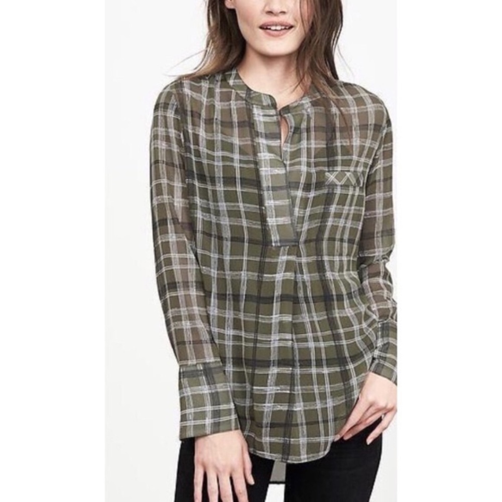 Banana Republic Sheer Plaid Popover Blouse